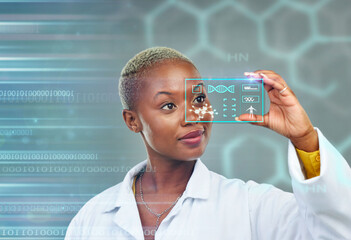 Black woman, doctor and futuristic screen for digital DNA, science or data analytics on overlay. African female person or medical professional in future technology or research for holographic sample