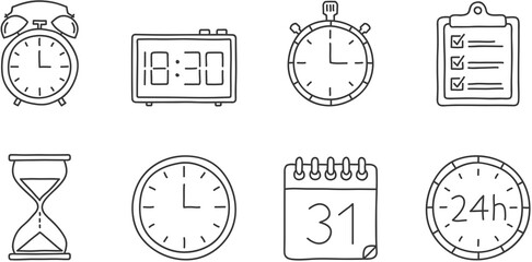 Clock and time icons, handdrawn doodle style