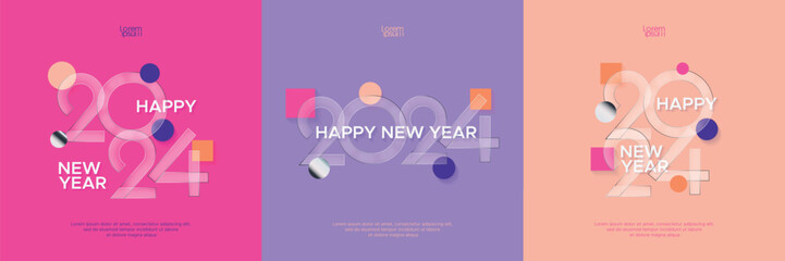 Happy new year 2024 with geometric background. Set of 2024 new year square template with modern color number and background. 2024 new year greetings for social media post template