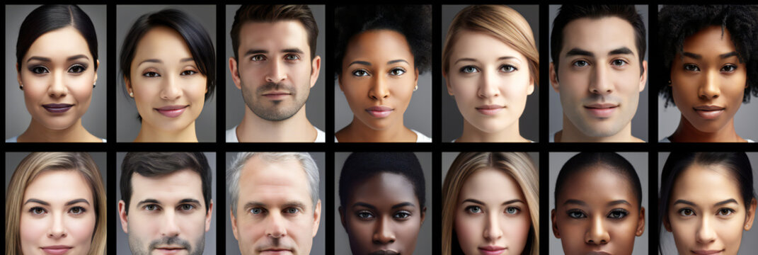 Collage of portraits and faces of multiracial group men and womenDiversity concept. Banner generative ai