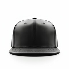Snapback cap black leather in front view isolated on white background. Generative AI 