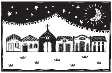 Fototapeta Village of simple houses and little church, night with moon and stars in the interior of Brazil. Vector woodcut, Cordel from the Brazilian Northeast obraz