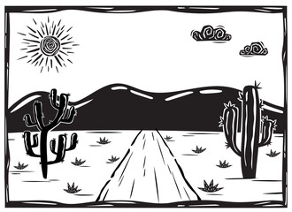 Scorching sun in the desert. Country road. Vector woodcut illustration in Brazilian cordel style
