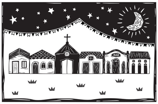 Village of simple houses and little church, night with moon and stars in the interior of Brazil. Vector woodcut, Cordel from the Brazilian Northeast