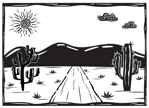 Scorching Sun In The Desert. Country Road. Vector Woodcut Illustration In Brazilian Cordel Style