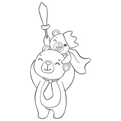 Cute super Hero Daddy bear and happy baby bear father's day cartoon animal outline doodle drawing