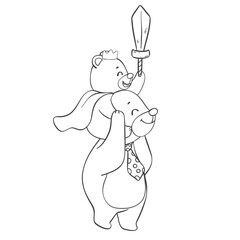 Cute super Hero Daddy bear and happy baby bear father's day cartoon animal outline doodle drawing