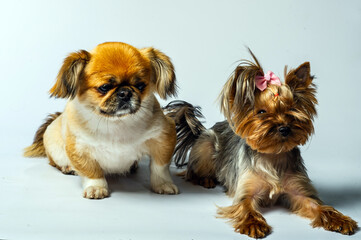 Fototapeta na wymiar Pekingese and Yorkshire, two lady dogs together. Isolated on gray.