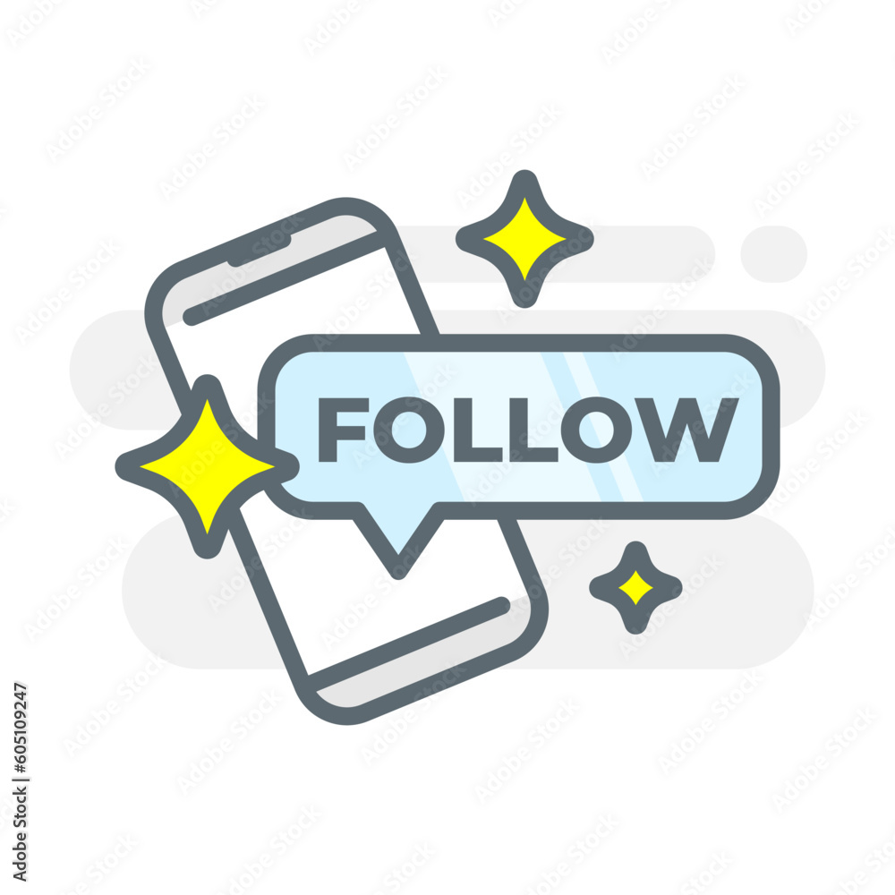 Poster social media follow button with smartphone screen concept illustration flat design editable vector e
