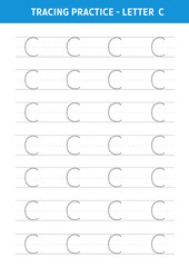 Alphabet Letter C Tracing Worksheet.Alphabet letters tracing worksheet with all alphabet letters.Developing skills of writing.A4 paper ready to print.