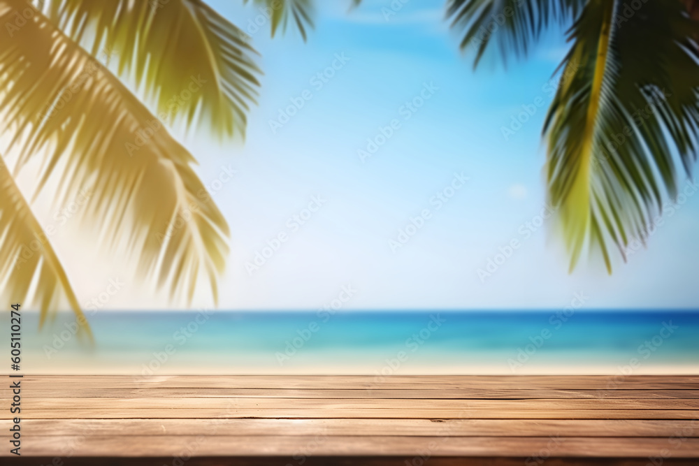 Poster creative mock concept. empty wooden table top in front of blue sky, summer sea with palm leaf blurre