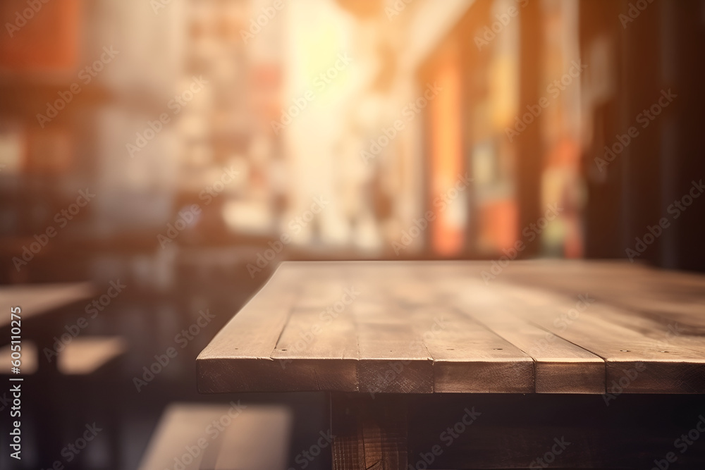 Poster creative mock concept. empty wooden table top in front of restaurant cafe in retro style blurred bok