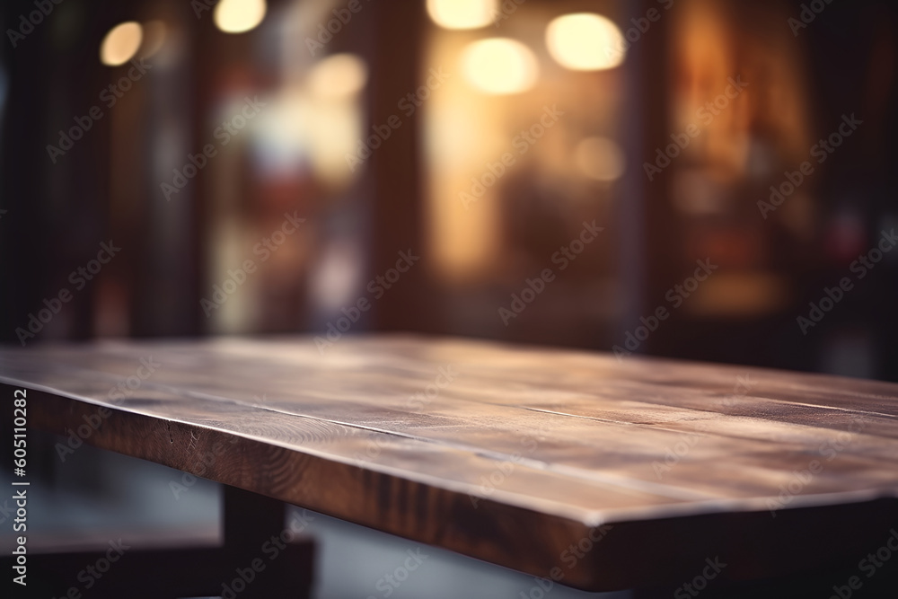 Poster creative mock concept. empty wooden table top in front of restaurant cafe in retro style blurred bok