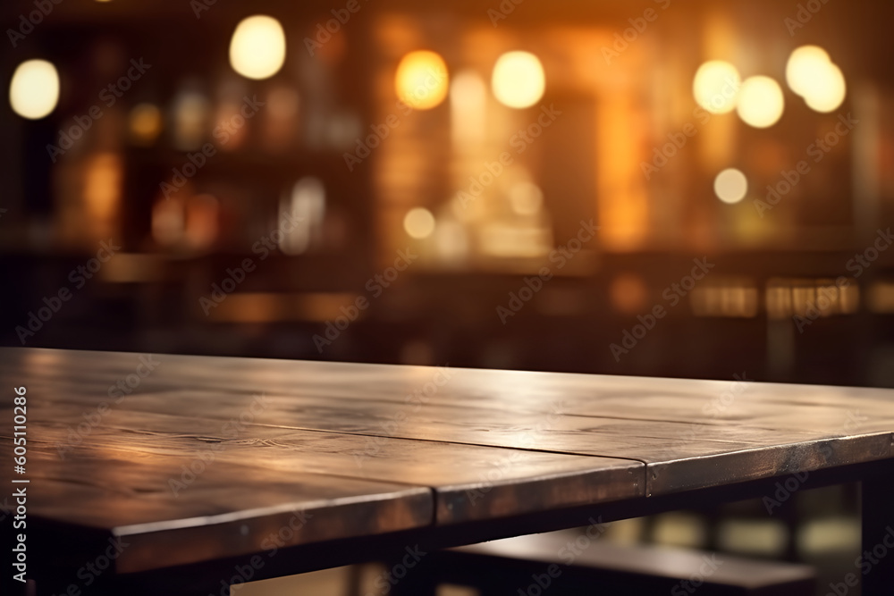 Poster creative mock concept. empty wooden table top in front of restaurant cafe in retro style blurred bok