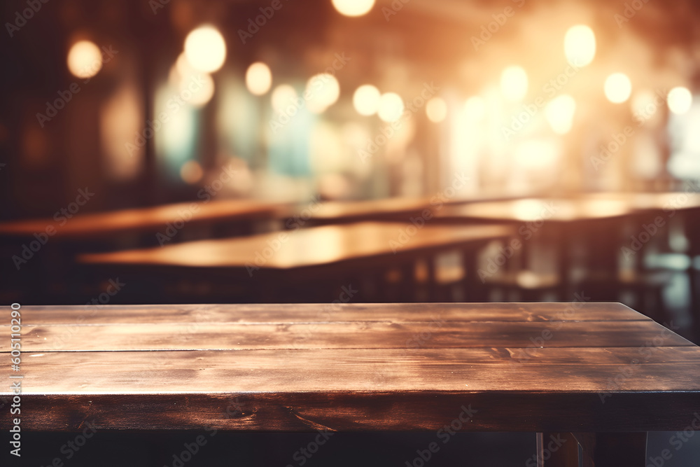 Poster creative mock concept. empty wooden table top in front of restaurant cafe in retro style blurred bok