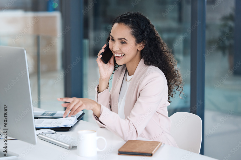 Poster computer, consulting and phone call with business woman in office for networking, negotiation or con