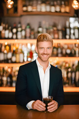 ai-generated, illustration of a handsome fictional male bartender set against a bar background