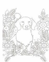 Dog with flower line art for kids coloring book 