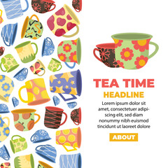 tea cups, vertical baner. vintage teacup collection, tea ceremony. mugs with fruits, flowers, lines, hand drawn patterns. vector cartoon flat illustration