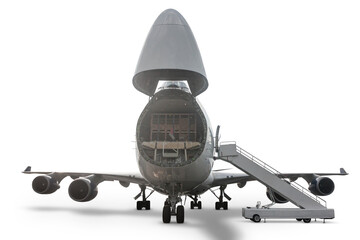 Front view of the wide body cargo aircraft with an open nose hatch isolated on transparent...
