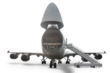 Front view of the wide body cargo aircraft with an open nose hatch isolated on transparent background