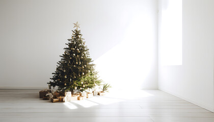 Modern black and white Christmas tree with copy space white background, generative ai