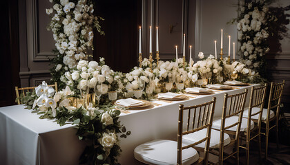 Stunningly elegant long rectangular tablescape set up for an wedding reception with candle light, flowers, generative ai