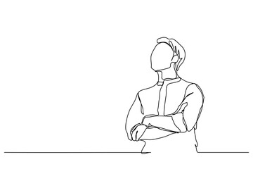 Businessman standing with his arms crossed. Single line drawing