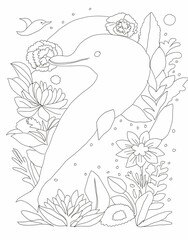 cute Dolphin floral line art for coloring book 