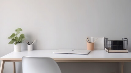 Desk at home office with supplies and wall copy space. Minimalistic workspace