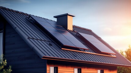 Black solar panels are installed on a house on a clear sunny day. Power and efficiency of solar energy. Modern design. Concepts of renewable energy sources. Generative AI