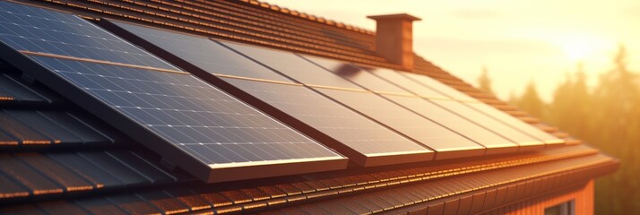 Black solar panels are installed on a house on a clear sunny day. Power and efficiency of solar energy. Modern design. Concepts of renewable energy sources. Generative AI