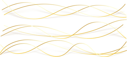 3d wavy gold lines swoosh on white background. Luxury beauty thin curves, swirl as stream flow pattern. Soft geometric shapes as silk fiber or fablic shiny decoration.