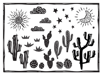 Desert landscape elements. Cacti, succulents, sun, moon and stars. Woodcut vector in Brazilian cordel style