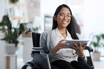 Happy, portrait and woman with a disability and a tablet for communication and graphic design....