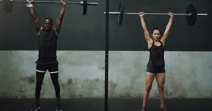 Weight lifting, fitness and black man and woman with barbell in gym for training, exercise and workout. Strong, sport and female and male body builder lift weights for challenge, wellness or strength