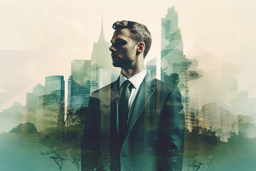 Businessman with city skyline, double exposure, male entrepreneur in suit