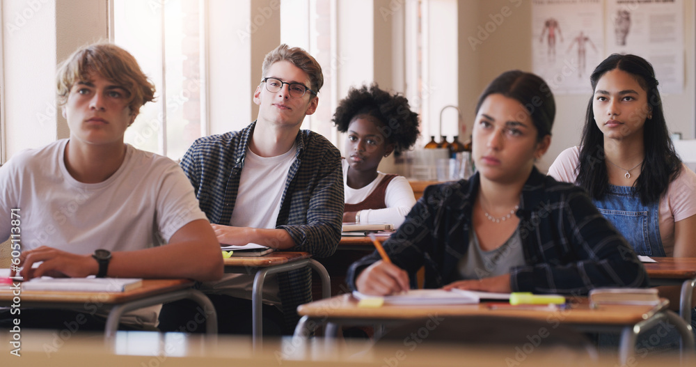 Poster Education, college and students sitting in a classroom for learning, studying or future development. School, university and scholarship with a group of pupils in class lecture together to learn