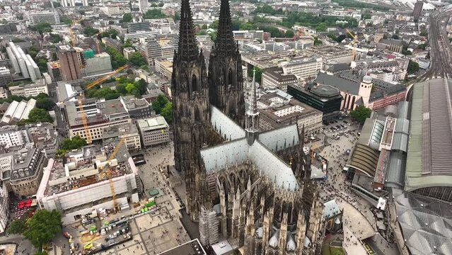 Aerial drone panorama video footage Famous Cologne Cathedral symbol of the city of Cologne. K&ouml;lner Dom. Hohe Domkirche St. Peter und Maria