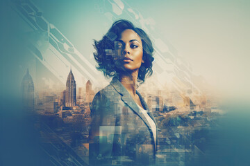 Business woman with city skyline, double exposure, African American female, generative AI  