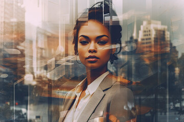 Business woman with city skyline, double exposure, African American female, generative AI  