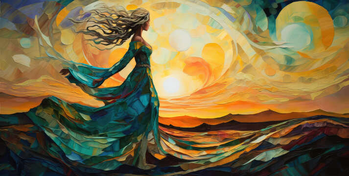 a woman is walking with a colorful sunset behind her, in the style of cosmic art, generative AI