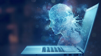 AI bot virtual assistant technology emerging from a laptop computer, generative AI