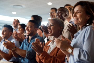 Applause, support and motivation with a business team clapping as an audience at a conference or seminar. Meeting, wow and award with a group of colleagues or employees cheering on an achievement - obrazy, fototapety, plakaty