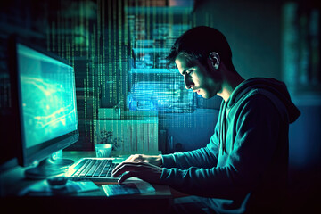 Web developer writing code, using AI technology, late night coding, hacking the system, building automation, generative AI