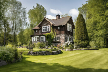 Fototapeta na wymiar Country home with garden and grass lawn, luxury Scandinavian exterior, generative AI