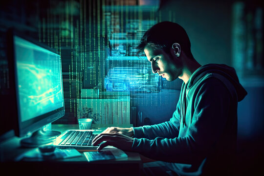 Web developer writing code, using AI technology, late night coding, hacking the system, building automation, generative AI