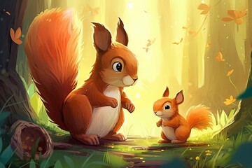 Fototapeta premium Mother and baby squirrel in the forest. from generative ai
