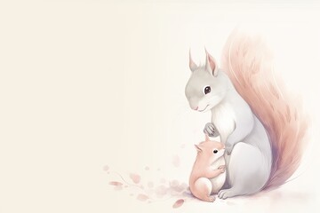 Mother and baby squirrel in soft pastel colors. from generative ai