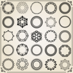 Vintage set of vector round elements. Black elements for design frames, cards, menus, backgrounds and monograms. Classic patterns. Set of vintage patterns